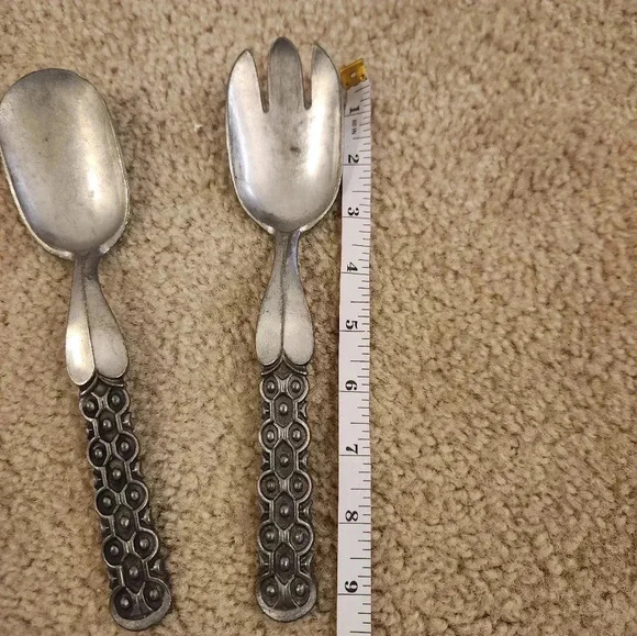 Vintage David Andersen Norway Pewter "Old Norse" Serving Spoon & Fork Salad Set. - Picture 2 of 3
